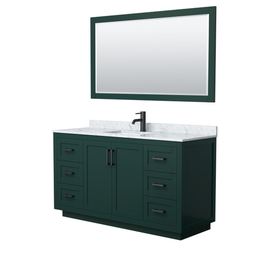 Wyndham WCF292960SGKCMUNSM58 Miranda 60 Inch Single Bathroom Vanity in Green, White Carrara Marble Countertop, Undermount Square Sink, Matte Black Trim, 58 Inch Mirror