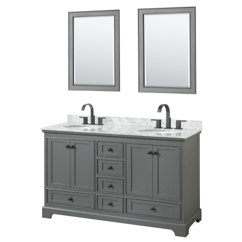 Wyndham WCS202060DGBCMUNOM24 Deborah 60 Inch Double Bathroom Vanity in Dark Gray, White Carrara Marble Countertop, Undermount Oval Sinks, Matte Black Trim, 24 Inch Mirrors