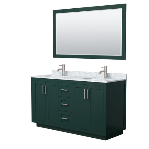 Wyndham WCF292960DGECMUNSM58 Miranda 60 Inch Double Bathroom Vanity in Green, White Carrara Marble Countertop, Undermount Square Sinks, Brushed Nickel Trim, 58 Inch Mirror