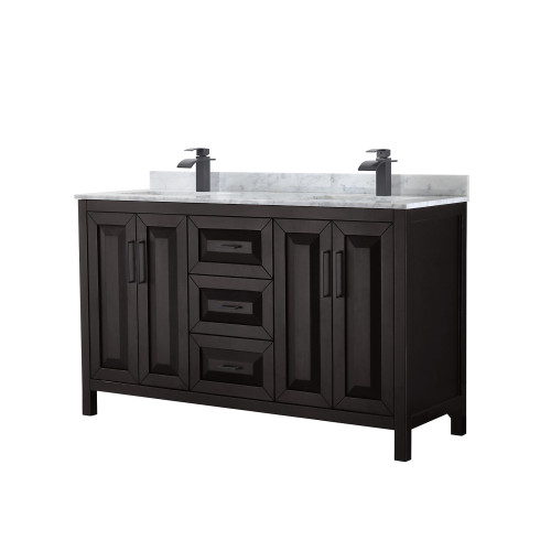 Wyndham WCV252560DEBCMUNSMXX Daria 60 Inch Double Bathroom Vanity in Dark Espresso, White Carrara Marble Countertop, Undermount Square Sinks, Matte Black Trim