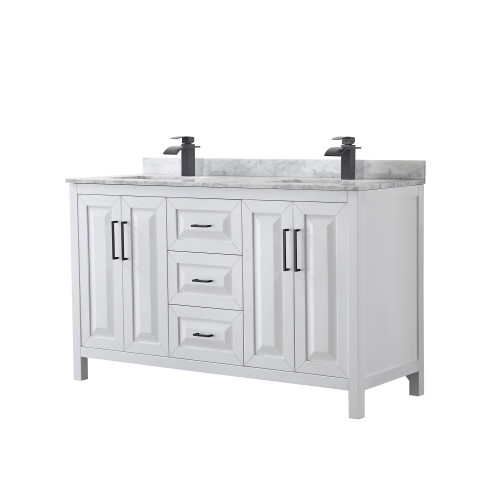 Wyndham WCV252560DWBCMUNSMXX Daria 60 Inch Double Bathroom Vanity in White, White Carrara Marble Countertop, Undermount Square Sinks, Matte Black Trim