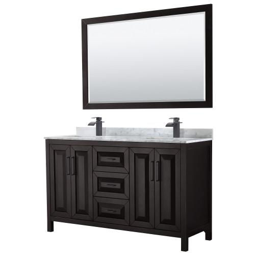 Wyndham WCV252560DEBCMUNSM58 Daria 60 Inch Double Bathroom Vanity in Dark Espresso, White Carrara Marble Countertop, Undermount Square Sinks, Matte Black Trim, 58 Inch Mirror