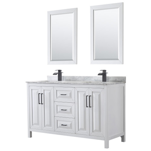 Wyndham WCV252560DWBCMUNSM24 Daria 60 Inch Double Bathroom Vanity in White, White Carrara Marble Countertop, Undermount Square Sinks, Matte Black Trim, 24 Inch Mirrors