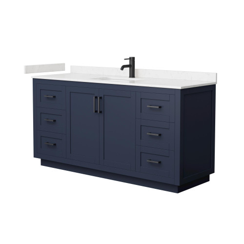 Wyndham WCF292966SBBC2UNSMXX Miranda 66 Inch Single Bathroom Vanity in Dark Blue, Carrara Cultured Marble Countertop, Undermount Square Sink, Matte Black Trim