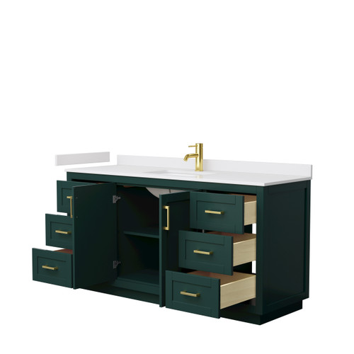 Wyndham WCF292966SGDWCUNSMXX Miranda 66 Inch Single Bathroom Vanity in Green, White Cultured Marble Countertop, Undermount Square Sink, Brushed Gold Trim