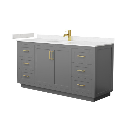 Wyndham WCF292966SGGC2UNSMXX Miranda 66 Inch Single Bathroom Vanity in Dark Gray, Carrara Cultured Marble Countertop, Undermount Square Sink, Brushed Gold Trim