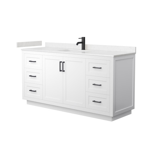 Wyndham WCF292966SWBC2UNSMXX Miranda 66 Inch Single Bathroom Vanity in White, Carrara Cultured Marble Countertop, Undermount Square Sink, Matte Black Trim