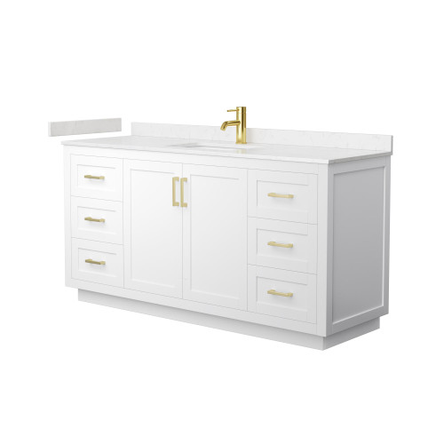 Wyndham WCF292966SWGC2UNSMXX Miranda 66 Inch Single Bathroom Vanity in White, Carrara Cultured Marble Countertop, Undermount Square Sink, Brushed Gold Trim