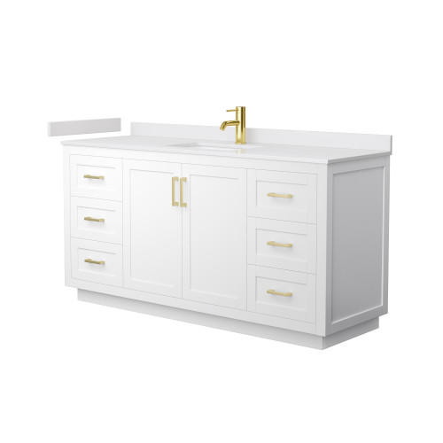Wyndham WCF292966SWGWCUNSMXX Miranda 66 Inch Single Bathroom Vanity in White, White Cultured Marble Countertop, Undermount Square Sink, Brushed Gold Trim
