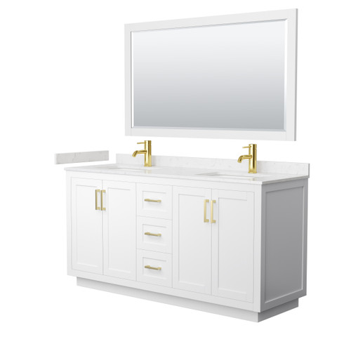 Wyndham WCF292966DWGC2UNSM58 Miranda 66 Inch Double Bathroom Vanity in White, Carrara Cultured Marble Countertop, Undermount Square Sinks, Brushed Gold Trim, 58 Inch Mirror
