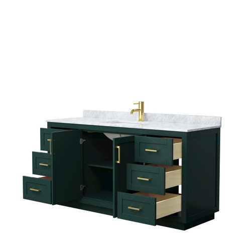 Wyndham WCF292966SGDCMUNSMXX Miranda 66 Inch Single Bathroom Vanity in Green, White Carrara Marble Countertop, Undermount Square Sink, Brushed Gold Trim