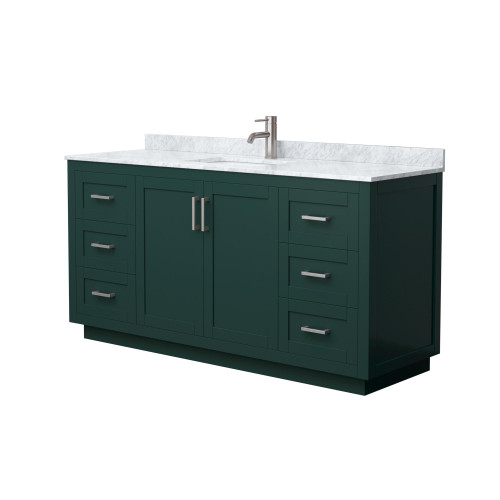 Wyndham WCF292966SGECMUNSMXX Miranda 66 Inch Single Bathroom Vanity in Green, White Carrara Marble Countertop, Undermount Square Sink, Brushed Nickel Trim