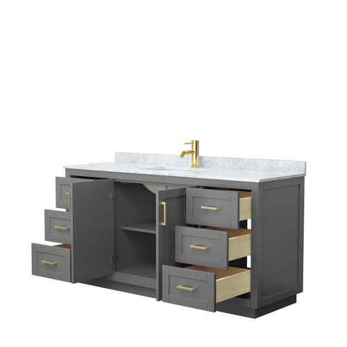 Wyndham WCF292966SGGCMUNSMXX Miranda 66 Inch Single Bathroom Vanity in Dark Gray, White Carrara Marble Countertop, Undermount Square Sink, Brushed Gold Trim