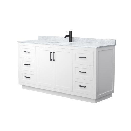Wyndham WCF292966SWBCMUNSMXX Miranda 66 Inch Single Bathroom Vanity in White, White Carrara Marble Countertop, Undermount Square Sink, Matte Black Trim