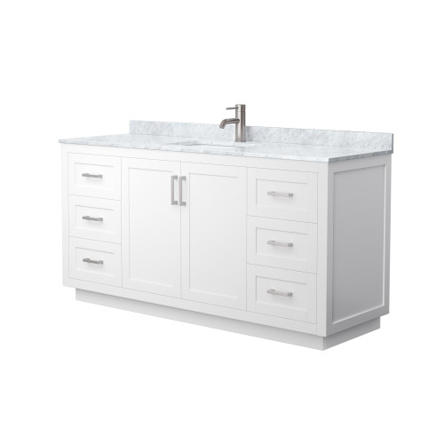 Wyndham WCF292966SWHCMUNSMXX Miranda 66 Inch Single Bathroom Vanity in White, White Carrara Marble Countertop, Undermount Square Sink, Brushed Nickel Trim