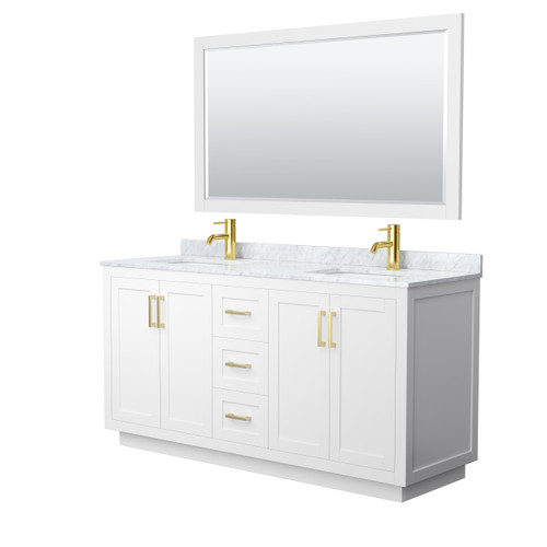 Wyndham WCF292966DWGCMUNSM58 Miranda 66 Inch Double Bathroom Vanity in White, White Carrara Marble Countertop, Undermount Square Sinks, Brushed Gold Trim, 58 Inch Mirror