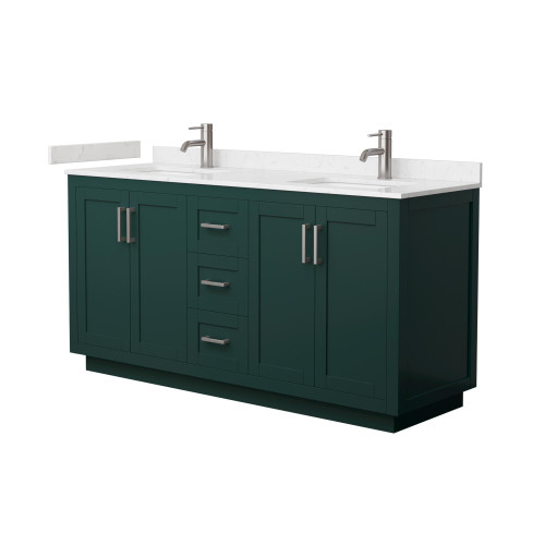 Wyndham WCF292966DGEC2UNSMXX Miranda 66 Inch Double Bathroom Vanity in Green, Carrara Cultured Marble Countertop, Undermount Square Sinks, Brushed Nickel Trim