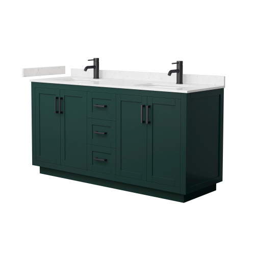 Wyndham WCF292966DGKC2UNSMXX Miranda 66 Inch Double Bathroom Vanity in Green, Carrara Cultured Marble Countertop, Undermount Square Sinks, Matte Black Trim