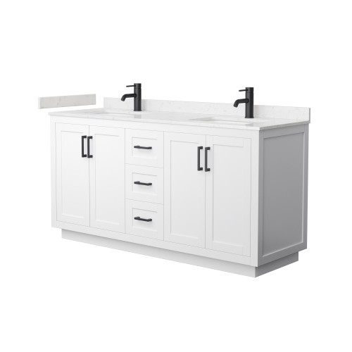 Wyndham WCF292966DWBC2UNSMXX Miranda 66 Inch Double Bathroom Vanity in White, Carrara Cultured Marble Countertop, Undermount Square Sinks, Matte Black Trim