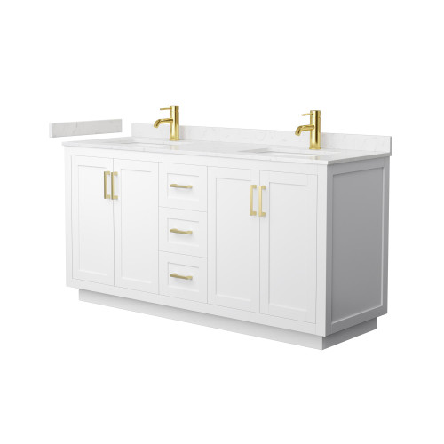 Wyndham WCF292966DWGC2UNSMXX Miranda 66 Inch Double Bathroom Vanity in White, Carrara Cultured Marble Countertop, Undermount Square Sinks, Brushed Gold Trim