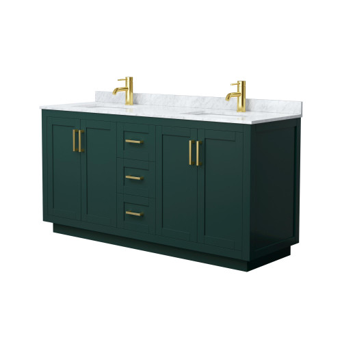 Wyndham WCF292966DGDCMUNSMXX Miranda 66 Inch Double Bathroom Vanity in Green, White Carrara Marble Countertop, Undermount Square Sinks, Brushed Gold Trim