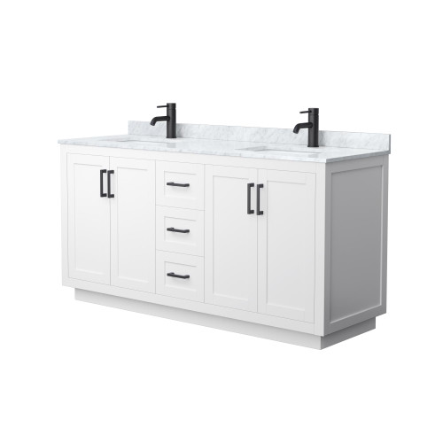 Wyndham WCF292966DWBCMUNSMXX Miranda 66 Inch Double Bathroom Vanity in White, White Carrara Marble Countertop, Undermount Square Sinks, Matte Black Trim