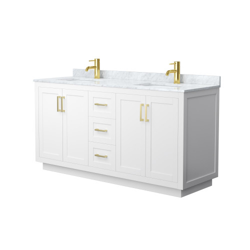 Wyndham WCF292966DWGCMUNSMXX Miranda 66 Inch Double Bathroom Vanity in White, White Carrara Marble Countertop, Undermount Square Sinks, Brushed Gold Trim