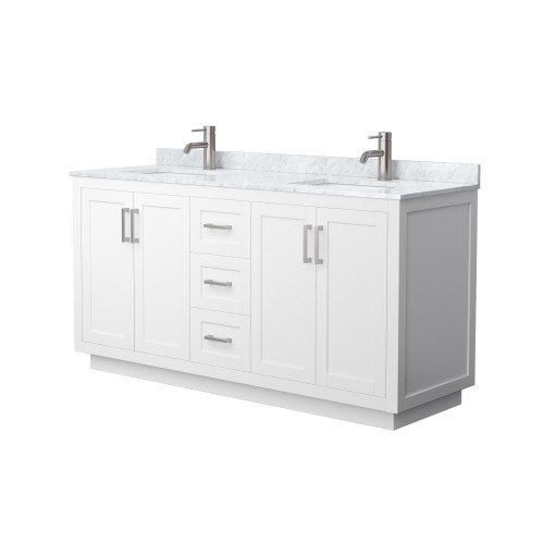 Wyndham WCF292966DWHCMUNSMXX Miranda 66 Inch Double Bathroom Vanity in White, White Carrara Marble Countertop, Undermount Square Sinks, Brushed Nickel Trim