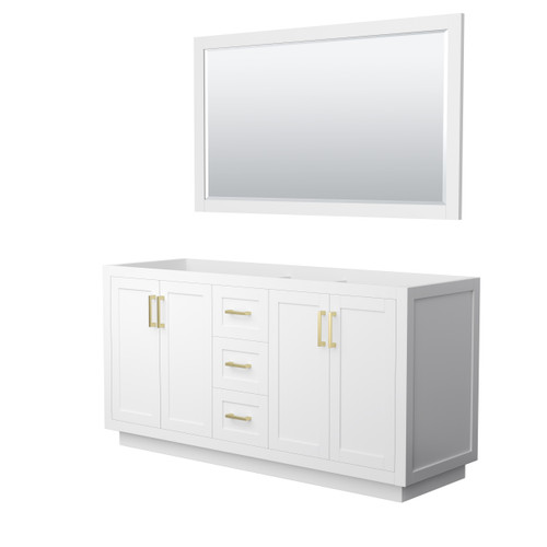 Wyndham WCF292966DWGCXSXXM58 Miranda 66 Inch Double Bathroom Vanity in White, No Countertop, No Sink, Brushed Gold Trim, 58 Inch Mirror