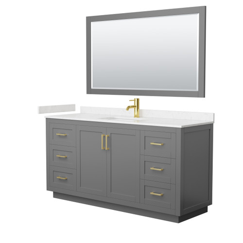 Wyndham WCF292966SGGC2UNSM58 Miranda 66 Inch Single Bathroom Vanity in Dark Gray, Carrara Cultured Marble Countertop, Undermount Square Sink, Brushed Gold Trim, 58 Inch Mirror