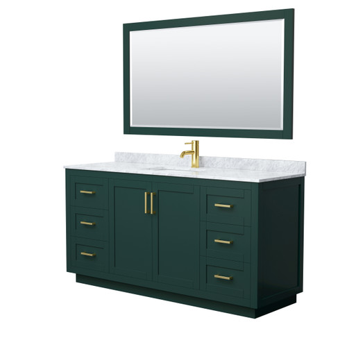 Wyndham WCF292966SGDCMUNSM58 Miranda 66 Inch Single Bathroom Vanity in Green, White Carrara Marble Countertop, Undermount Square Sink, Brushed Gold Trim, 58 Inch Mirror