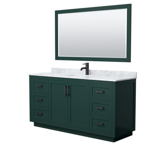 Wyndham WCF292966SGKCMUNSM58 Miranda 66 Inch Single Bathroom Vanity in Green, White Carrara Marble Countertop, Undermount Square Sink, Matte Black Trim, 58 Inch Mirror