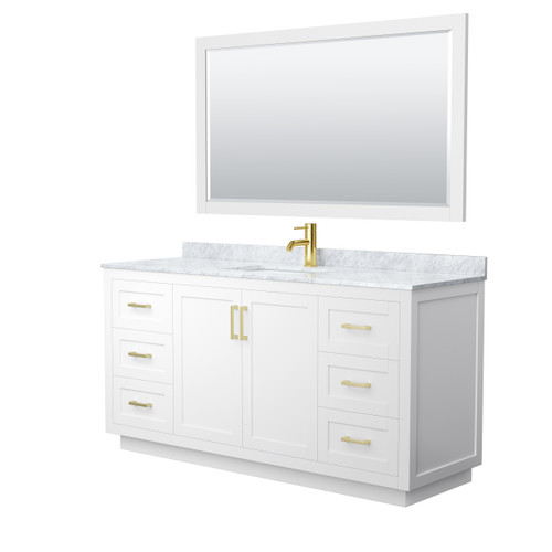 Wyndham WCF292966SWGCMUNSM58 Miranda 66 Inch Single Bathroom Vanity in White, White Carrara Marble Countertop, Undermount Square Sink, Brushed Gold Trim, 58 Inch Mirror