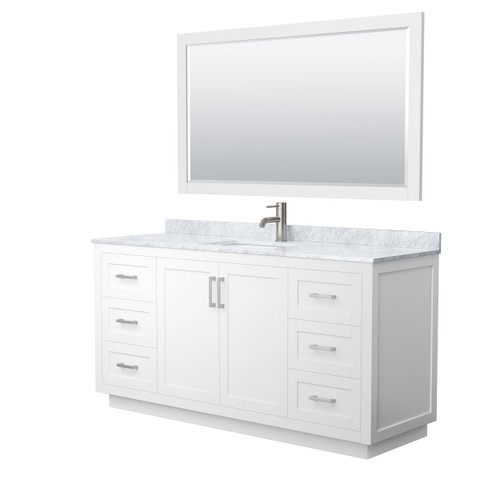 Wyndham WCF292966SWHCMUNSM58 Miranda 66 Inch Single Bathroom Vanity in White, White Carrara Marble Countertop, Undermount Square Sink, Brushed Nickel Trim, 58 Inch Mirror Wyndham WCF292966SWHCMUNSM58 Miranda 66 Inch Single Bathroom Vanity in White, White Carrara Marble Countertop, Undermount Square Sink, Brushed Nickel Trim, 58 Inch Mirror