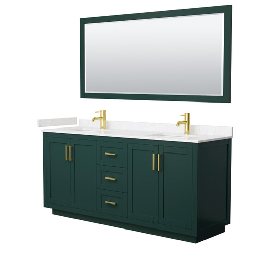 Wyndham WCF292972DGDC2UNSM70 Miranda 72 Inch Double Bathroom Vanity in Green, Carrara Cultured Marble Countertop, Undermount Square Sinks, Brushed Gold Trim, 70 Inch Mirror