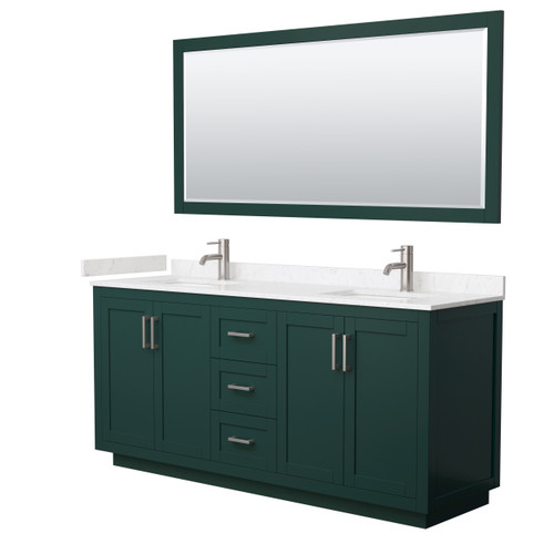 Wyndham WCF292972DGEC2UNSM70 Miranda 72 Inch Double Bathroom Vanity in Green, Carrara Cultured Marble Countertop, Undermount Square Sinks, Brushed Nickel Trim, 70 Inch Mirror