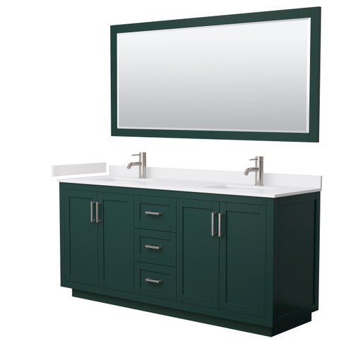 Wyndham WCF292972DGEWCUNSM70 Miranda 72 Inch Double Bathroom Vanity in Green, White Cultured Marble Countertop, Undermount Square Sinks, Brushed Nickel Trim, 70 Inch Mirror