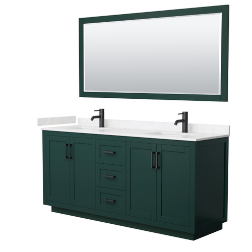 Wyndham WCF292972DGKC2UNSM70 Miranda 72 Inch Double Bathroom Vanity in Green, Carrara Cultured Marble Countertop, Undermount Square Sinks, Matte Black Trim, 70 Inch Mirror