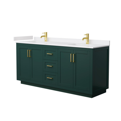 Wyndham WCF292972DGDWCUNSMXX Miranda 72 Inch Double Bathroom Vanity in Green, White Cultured Marble Countertop, Undermount Square Sinks, Brushed Gold Trim