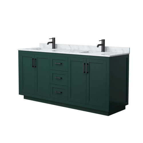 Wyndham WCF292972DGKCMUNSMXX Miranda 72 Inch Double Bathroom Vanity in Green, White Carrara Marble Countertop, Undermount Square Sinks, Matte Black Trim