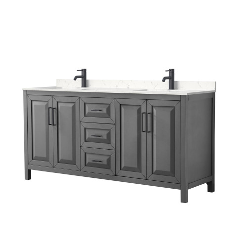 Wyndham WCV252572DGBC2UNSMXX Daria 72 Inch Double Bathroom Vanity in Dark Gray, Carrara Cultured Marble Countertop, Undermount Square Sinks, Matte Black Trim