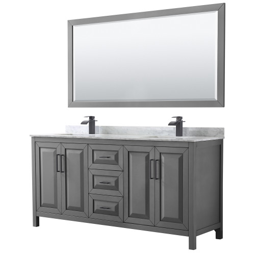 Wyndham WCV252572DGBCMUNSM70 Daria 72 Inch Double Bathroom Vanity in Dark Gray, White Carrara Marble Countertop, Undermount Square Sinks, Matte Black Trim, 70 Inch Mirror