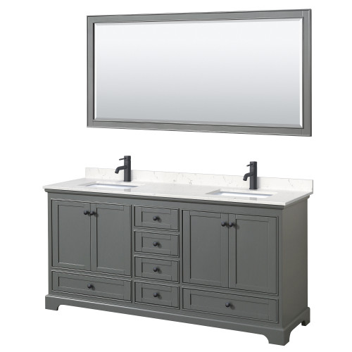 Wyndham WCS202072DGBC2UNSM70 Deborah 72 Inch Double Bathroom Vanity in Dark Gray, Carrara Cultured Marble Countertop, Undermount Square Sinks, Matte Black Trim, 70 Inch Mirror