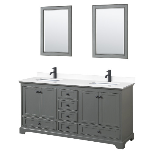 Wyndham WCS202072DGBWCUNSM24 Deborah 72 Inch Double Bathroom Vanity in Dark Gray, White Cultured Marble Countertop, Undermount Square Sinks, Matte Black Trim, 24 Inch Mirrors