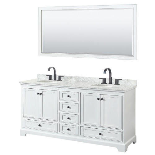 Wyndham WCS202072DWBCMUNOM70 Deborah 72 Inch Double Bathroom Vanity in White, White Carrara Marble Countertop, Undermount Oval Sinks, Matte Black Trim, 70 Inch Mirror