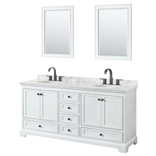 Wyndham WCS202072DWBCMUNOM24 Deborah 72 Inch Double Bathroom Vanity in White, White Carrara Marble Countertop, Undermount Oval Sinks, Matte Black Trim, 24 Inch Mirrors