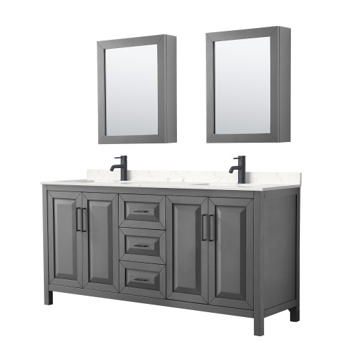 Wyndham WCV252572DGBC2UNSMED Daria 72 Inch Double Bathroom Vanity in Dark Gray, Carrara Cultured Marble Countertop, Undermount Square Sinks, Matte Black Trim, Medicine Cabinets