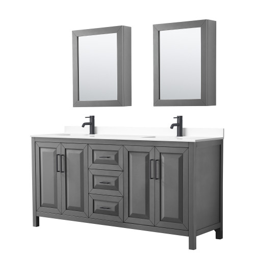 Wyndham WCV252572DGBWCUNSMED Daria 72 Inch Double Bathroom Vanity in Dark Gray, White Cultured Marble Countertop, Undermount Square Sinks, Matte Black Trim, Medicine Cabinets