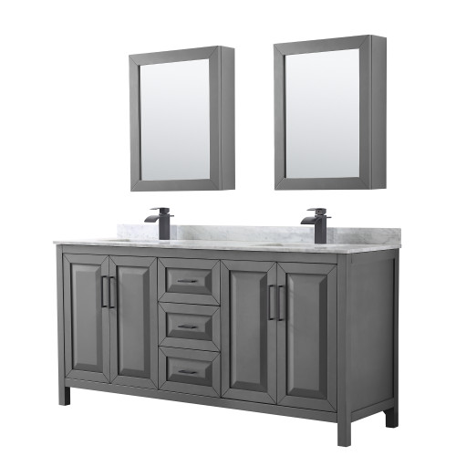 Wyndham WCV252572DGBCMUNSMED Daria 72 Inch Double Bathroom Vanity in Dark Gray, White Carrara Marble Countertop, Undermount Square Sinks, Matte Black Trim, Medicine Cabinets