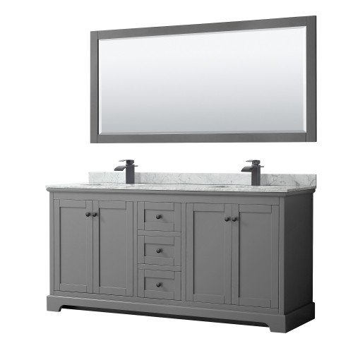 Wyndham WCV232372DGBCMUNSM70 Avery 72 Inch Double Bathroom Vanity in Dark Gray, White Carrara Marble Countertop, Undermount Square Sinks, Matte Black Trim, 70 Inch Mirror